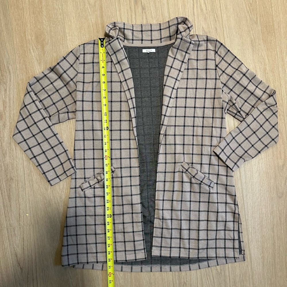 EUC Maurice Open Front Plaid Cardigan Jacket in Beige and Black - Picture 5 of 6